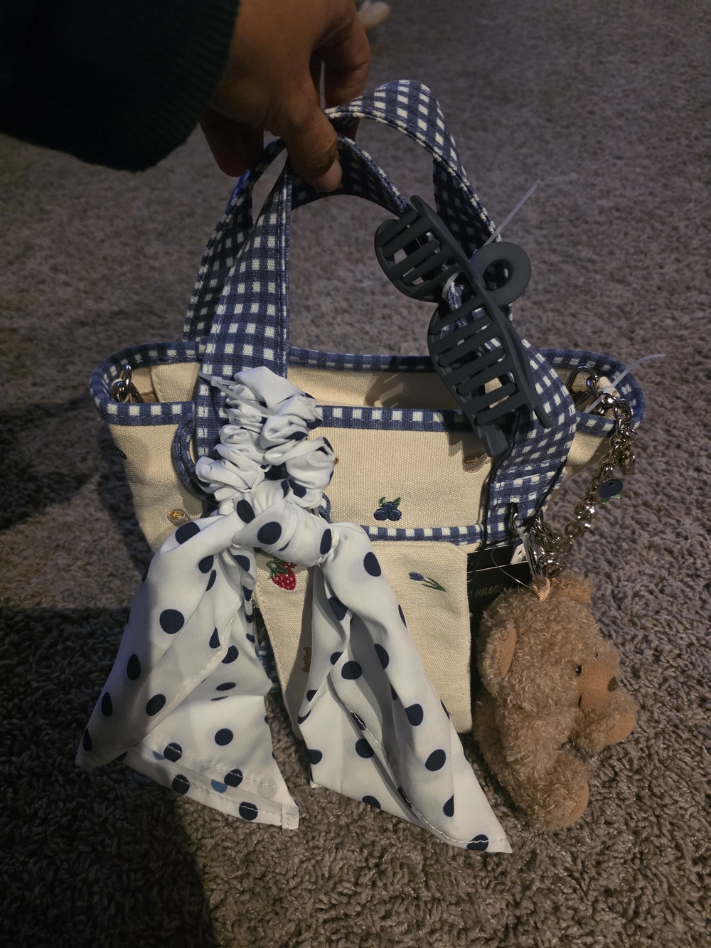 Madden Girl Cream Canvas Crossbody Tote with Blue Gingham Trim
